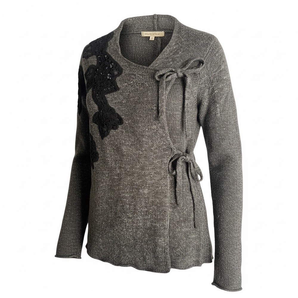 Anthropologie Moth Gray Wrap Sweater Small Black Lace Applique Tie Waist